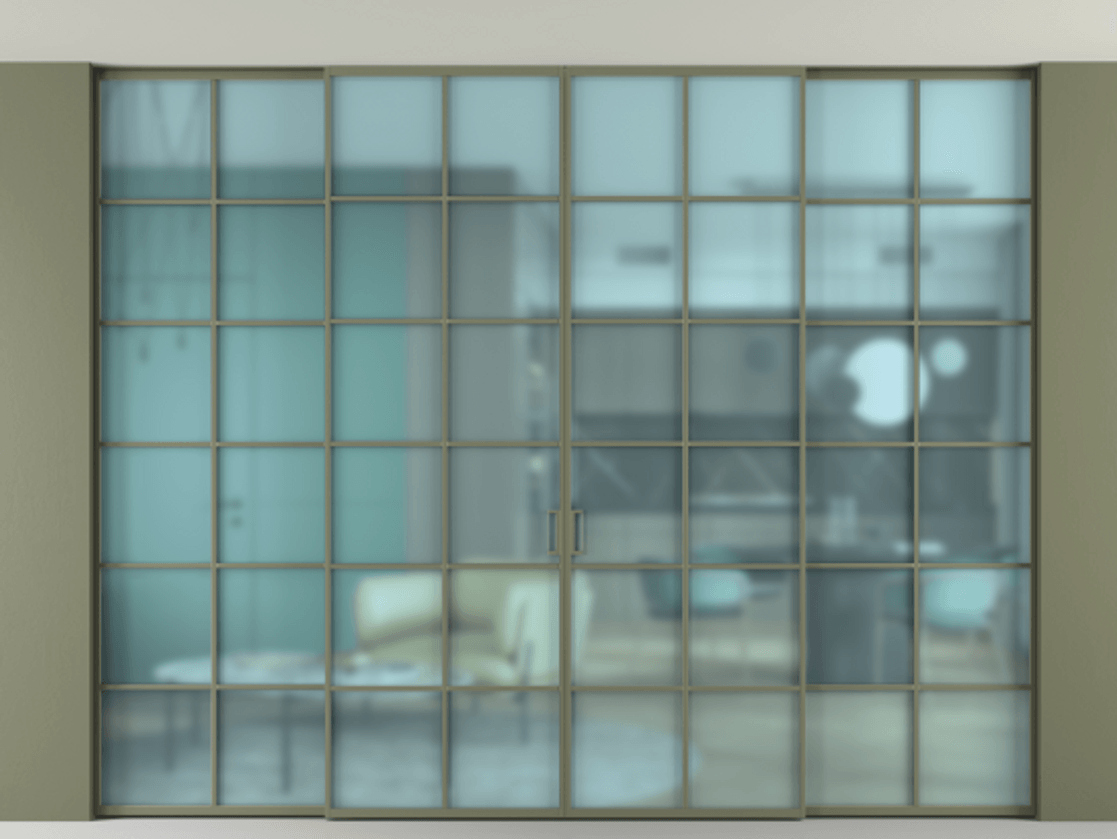 Перегородка Формато внутри проёма скрытое крепление в потолок 4 створки АЛПР 040.05 Алюминий оливковый тёмный Сатинированное голубое стекло, триплекс Цена 3525001 ₸ | Volhovec