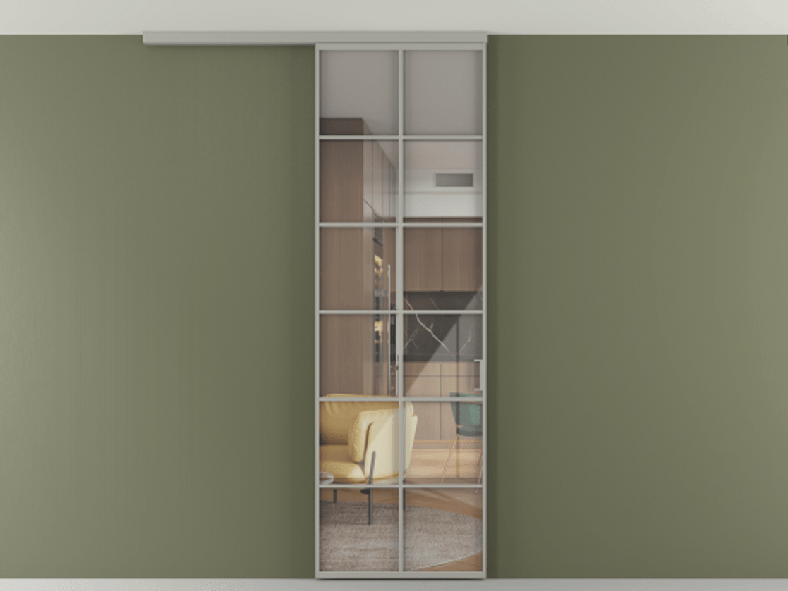 Перегородка Формато вдоль стены на потолок 1 створка АЛПР 040.05 Алюминий нейтральный серый Рефлективное прозрачное стекло "Стопсол", калёное Цена 1013720 ₸ | Volhovec