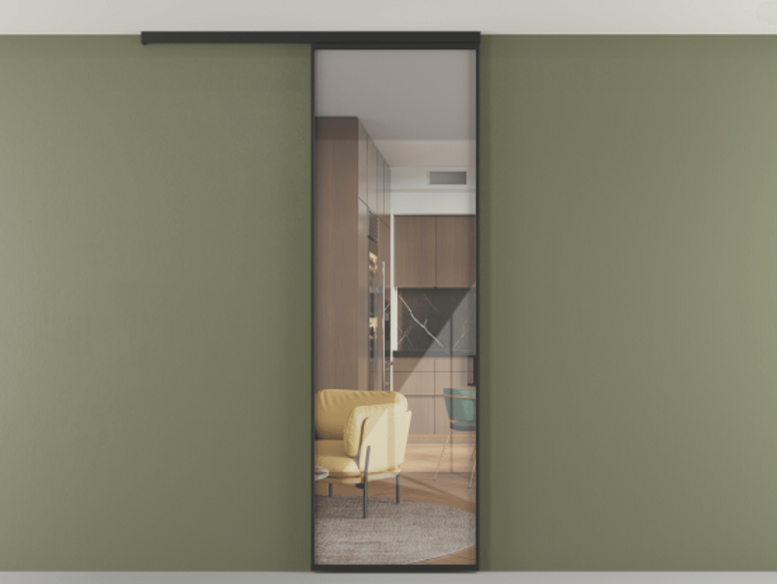 Перегородка Formato вдоль стены на потолок 1 створка АЛПР 040.01 Алюминий Черный Рефлективное прозрачное стекло "Stopsol", калёное Цена 870383 ₸ | Volhovec