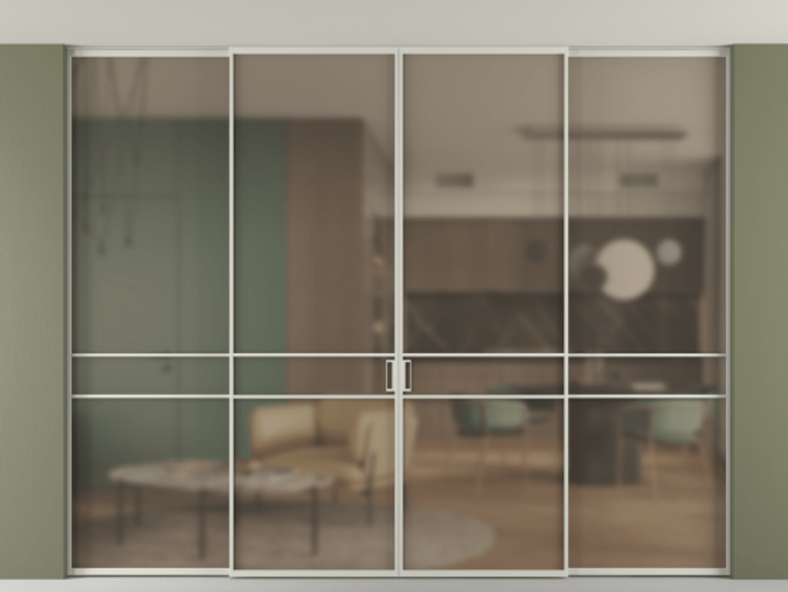 Перегородка Formato внутри проёма скрытое крепление в потолок 4 створки АЛПР 040.02 Алюминий тёплый серый Сатинированное бронзовое стекло, триплекс Цена 3330407 ₸ | Volhovec