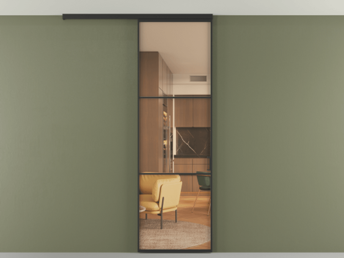 Перегородка Формато вдоль стены на потолок 1 створка АЛПР 040.03 Алюминий Черный Прозрачное оранжевое стекло, триплекс Цена 704498 ₸ | Volhovec