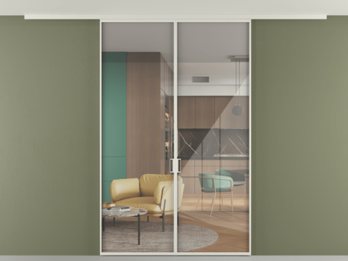 Перегородка Формато вдоль стены на потолок 2 створки АЛПР 040.01 Алюминий Белый Рефлективное прозрачное стекло "Стопсол", калёное Цена 1689358 ₸ | Volhovec