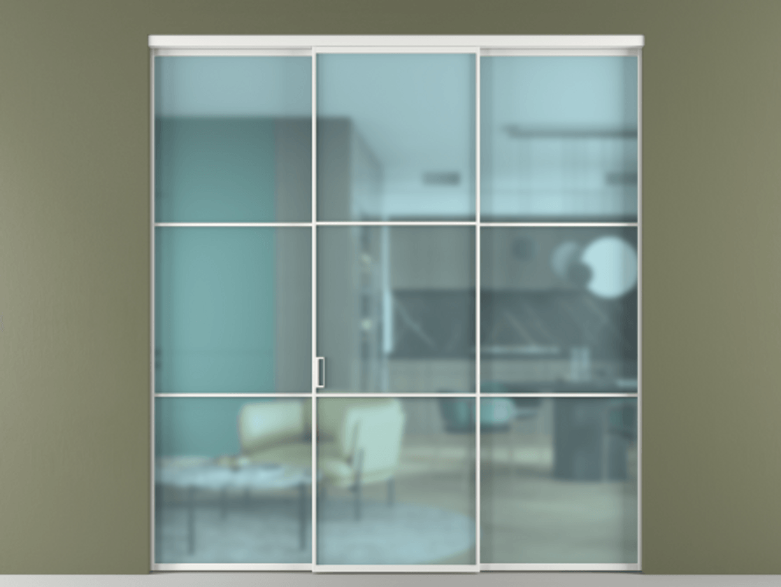 Перегородка Formato внутри проёма 3 створки АЛПР 040.03 Алюминий белоснежный Сатинированное голубое стекло, триплекс Цена 1550900 ₸ | Volhovec