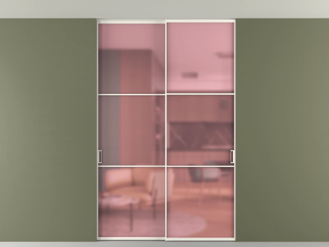 Перегородка Формато внутри проёма скрытое крепление в потолок 2 створки АЛПР 040.03 Алюминий пудровый белый Сатинированное розовое стекло, триплекс Цена 1876505 ₸ | Volhovec