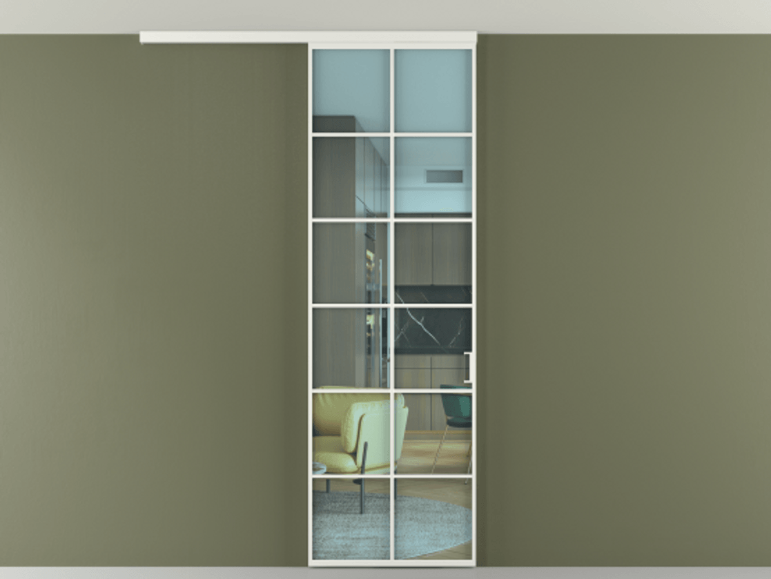 Перегородка Формато вдоль стены на потолок 1 створка АЛПР 040.05 Алюминий светло-серый Прозрачное голубое стекло, триплекс Цена 780891 ₸ | Volhovec