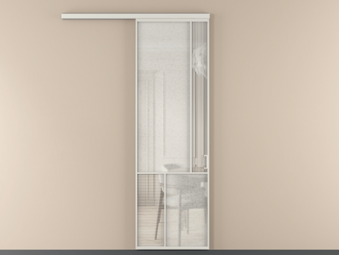 Перегородка Mosaic вдоль стены 1 створка АЛПР 041.21 Алюминий серый Рифлёное стекло "Дюна", триплекс, 6 мм + Фактурное стекло "Лёд", триплекс Цена 904990 ₸ | Volhovec