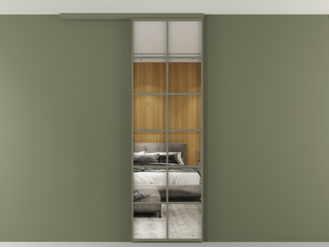 Перегородка Формато вдоль стены на потолок 1 створка АЛПР 040.05 Алюминий оливковый тёмный Двустороннее зеркало, триплекс , триплекс 6 мм Цена 815361 ₸ | Volhovec