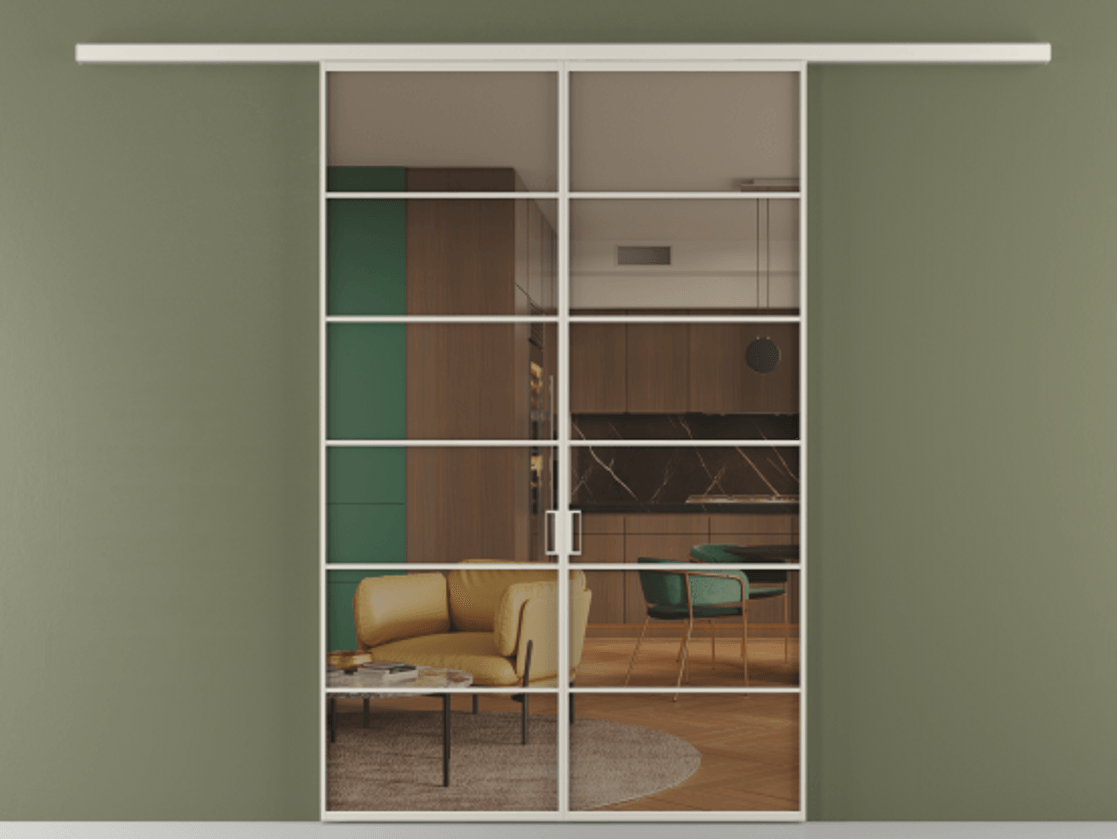 Перегородка Формато вдоль стены 2 створки АЛПР 040.04 Алюминий облачно-серый Прозрачное бронзовое стекло, триплекс Цена 1566054 ₸ | Volhovec