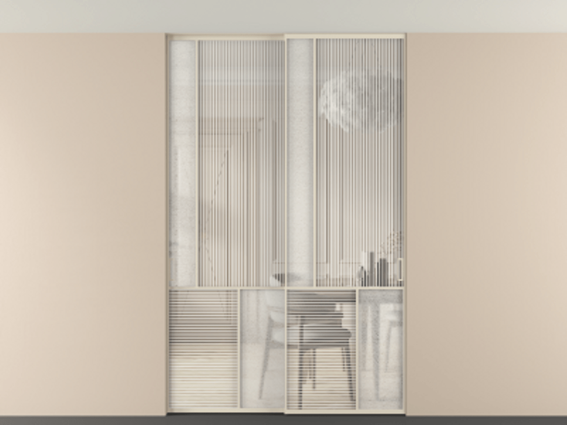 Перегородка Мозаик внутри проёма скрытое крепление в потолок 2 створки АЛПР 041.20 Алюминий бежево-серый Рифлёное стекло "Дюна", триплекс, 6 мм + Фактурное стекло "Лёд", триплекс Цена 2574785 ₸ | Volhovec