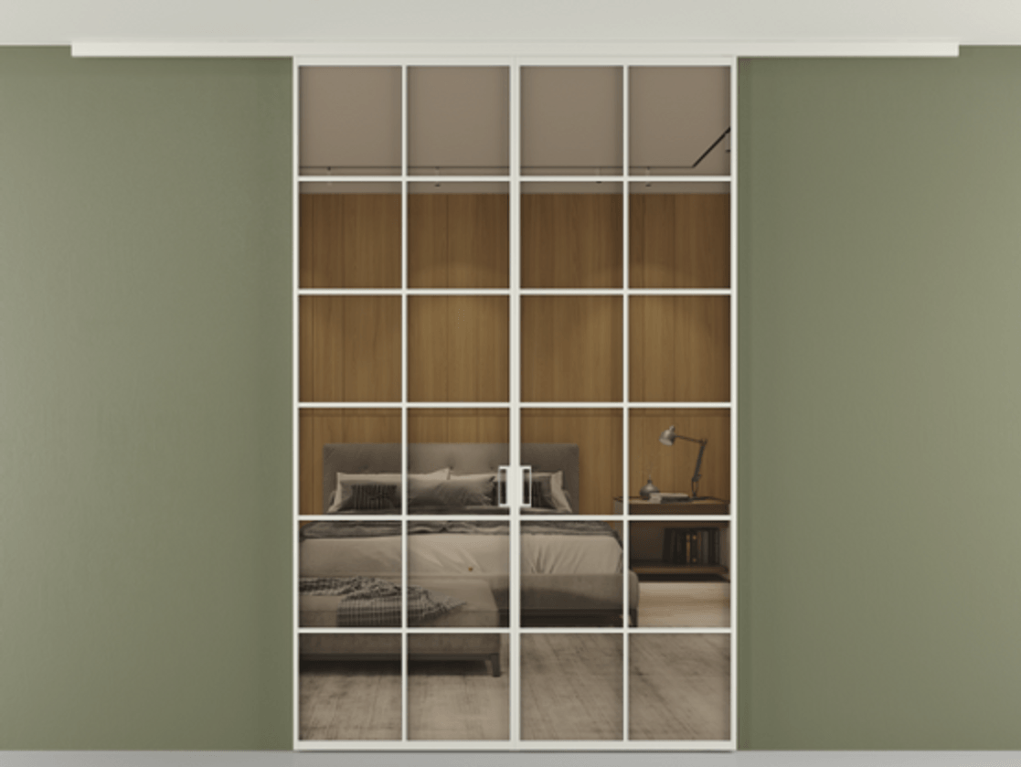 Перегородка Формато вдоль стены на потолок 2 створки АЛПР 040.05 Алюминий Белый Рефлективное бронзовое стекло "Стопсол", калёное Цена 1898921 ₸ | Volhovec