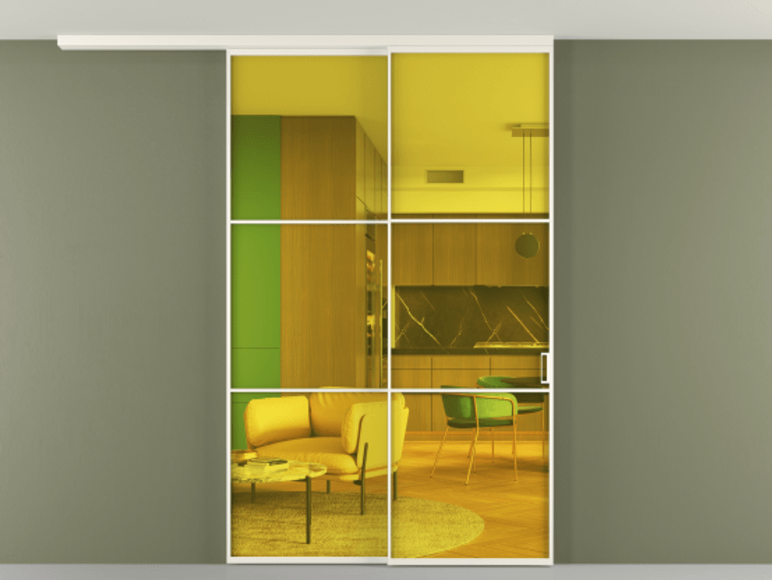 Перегородка Formato вдоль стены на потолок телескопик синхро 2 АЛПР 040.03 Алюминий пудровый белый Прозрачное жёлтое стекло, триплекс, 6мм Цена 1783300 ₸ | Volhovec