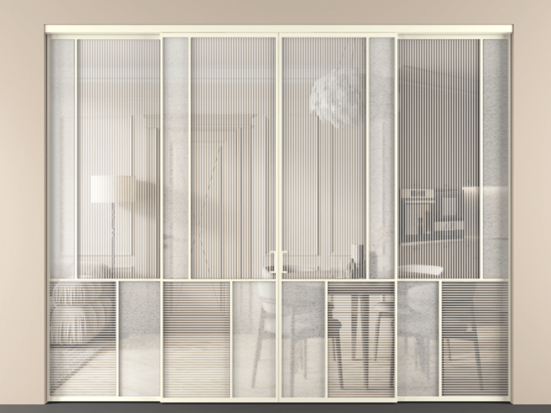 Перегородка Мозаик внутри проёма 4 створки АЛПР 041.21 Алюминий молочно-белый Рифлёное стекло "Дюна", триплекс, 6 мм + Фактурное стекло "Лёд", триплекс Цена 3726475 ₸ | Volhovec