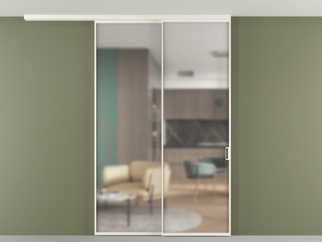 Перегородка Формато вдоль стены на потолок 2 створки с синхронным механизмом АЛПР 040.01 Алюминий пудровый белый Сатинированное стекло "Мателюкс Кристал Вижн", калёное, матовое, каленое 6 мм Цена 2126416 ₸ | Volhovec