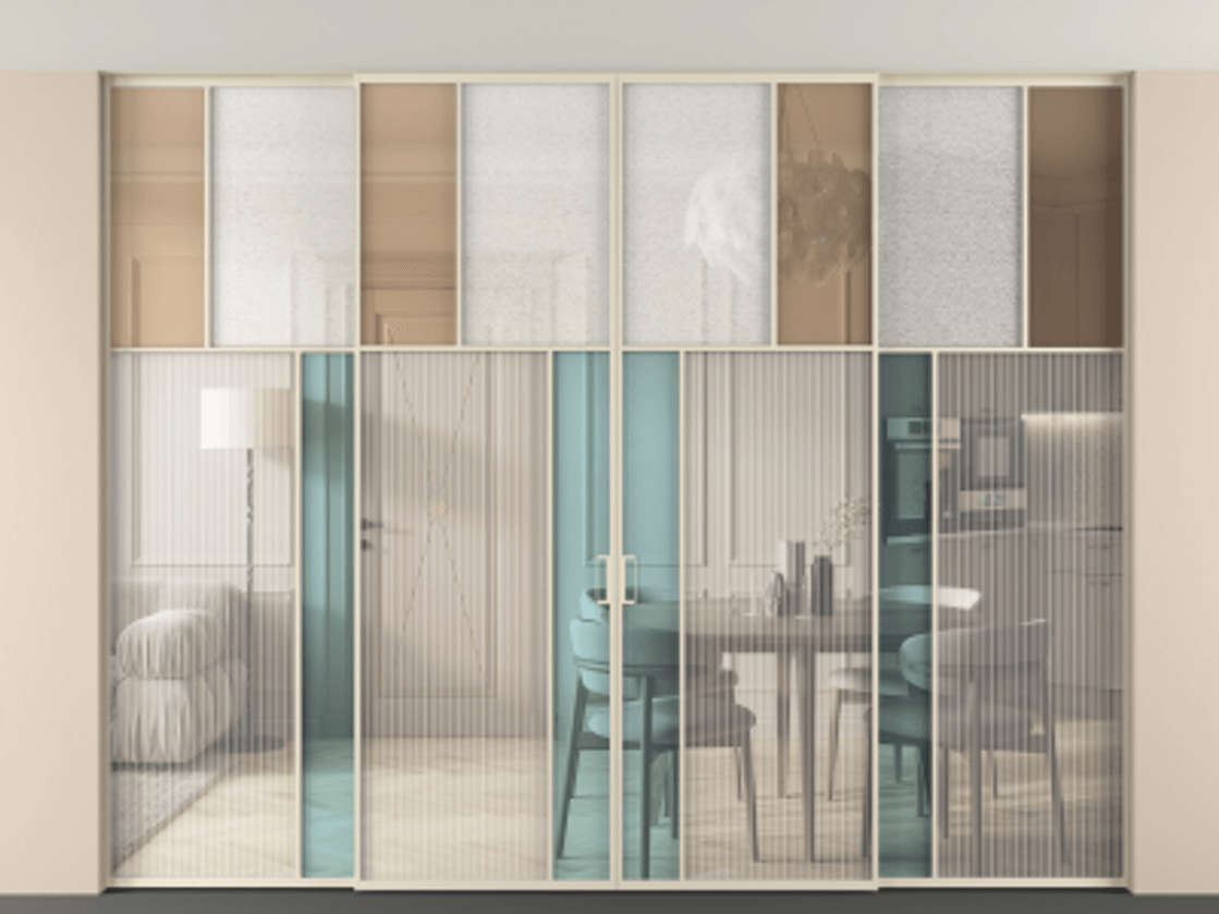 Перегородка Mosaic внутри проёма скрытое крепление в потолок 4 створки АЛПР 041.22 Алюминий бежево-серый Комбинация стекол Группы 1 и Группы 3 Цена 3851700 ₸ | Volhovec