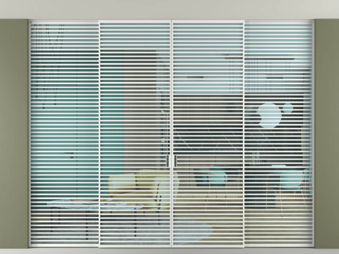 Перегородка Formato внутри проёма скрытое крепление в потолок 4 створки АЛПР 040.07 Алюминий белоснежный Прозрачное голубое стекло, триплекс Цена 5004600 ₸ | Volhovec