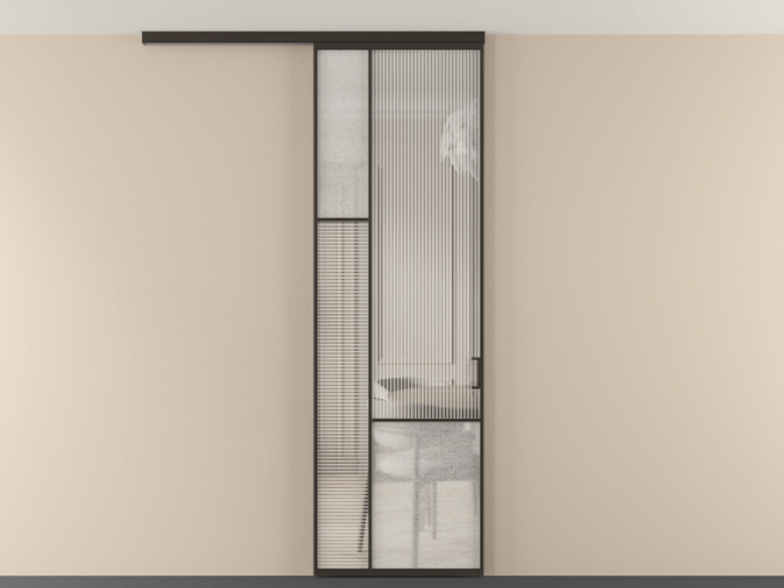 Перегородка Мозаик вдоль стены на потолок 1 створка АЛПР 041.13 Алюминий антрацит Рифлёное стекло "Дюна", триплекс, 6 мм + Фактурное стекло "Лёд", триплекс Цена 1081382 ₸ | Volhovec