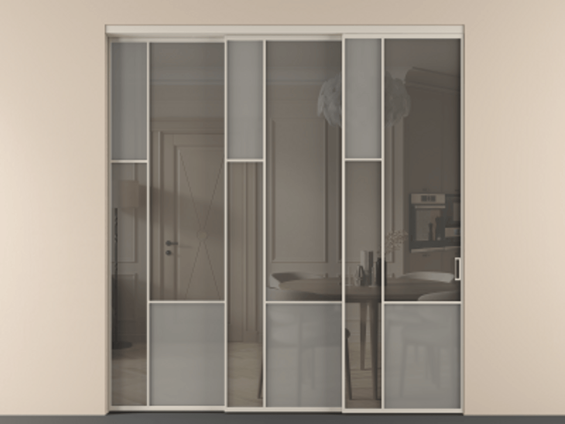 Перегородка Мозаик внутри проёма 3 створки с синхронным механизмом АЛПР 041.13 Алюминий светло-бежевый Сатинированное серое стекло, триплекс, 6 мм + Прозрачное серое стекло, триплекс Цена 3306668 ₸ | Volhovec