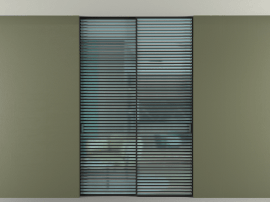 Перегородка Формато внутри проёма скрытое крепление в потолок 2 створки АЛПР 040.07 Алюминий Черный Сатинированное голубое стекло, триплекс Цена 2995423 ₸ | Volhovec