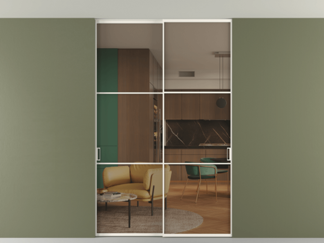 Перегородка Формато внутри проёма скрытое крепление в потолок 2 створки АЛПР 040.03 Алюминий пудровый белый Прозрачное бронзовое стекло, триплекс Цена 1876505 ₸ | Volhovec