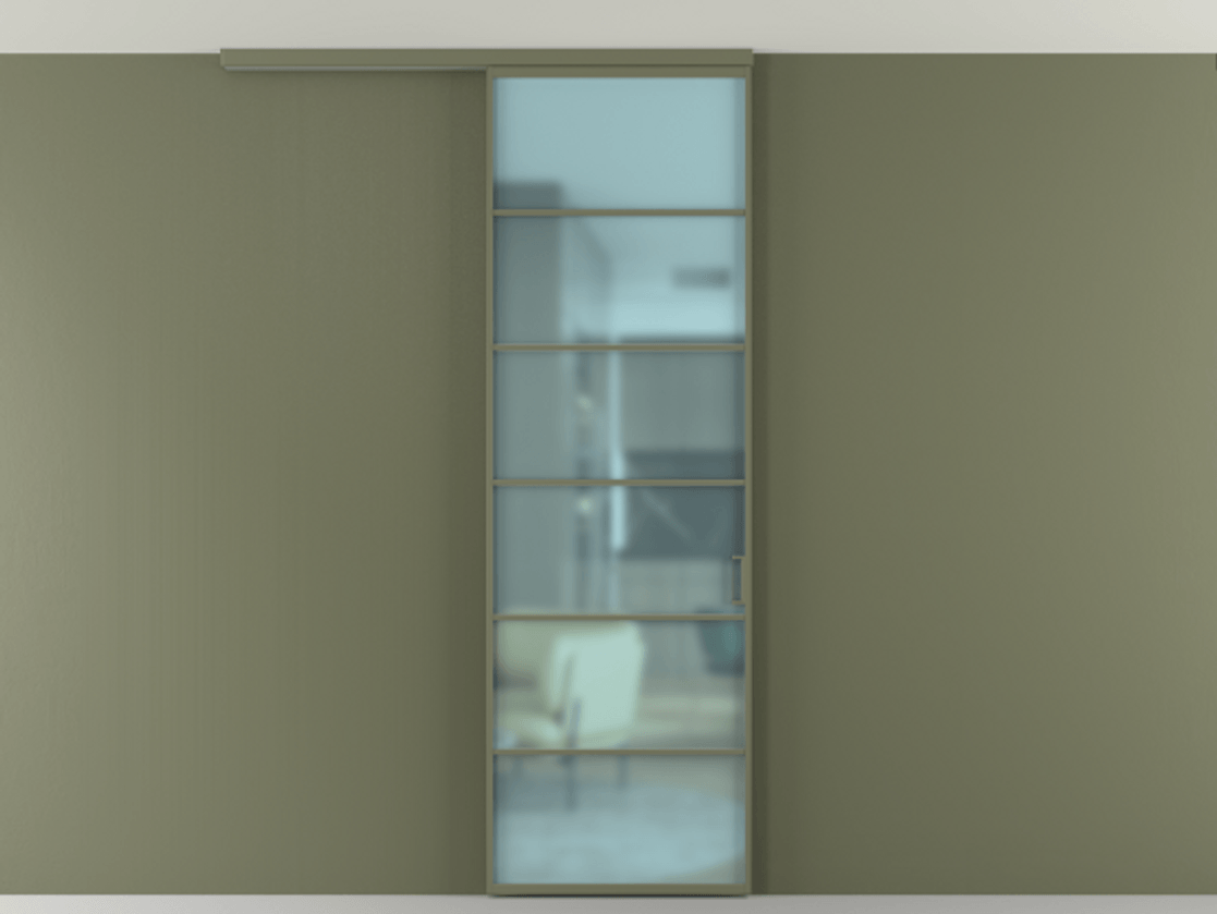 Перегородка Формато вдоль стены на потолок 1 створка АЛПР 040.04 Алюминий оливковый тёмный Сатинированное голубое стекло, триплекс Цена 780891 ₸ | Volhovec