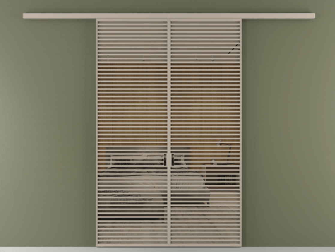 Перегородка Formato вдоль стены 2 створки АЛПР 040.07 Алюминий бисквитный Рефлективное бронзовое стекло "Stopsol", калёное Цена 2776800 ₸ | Volhovec