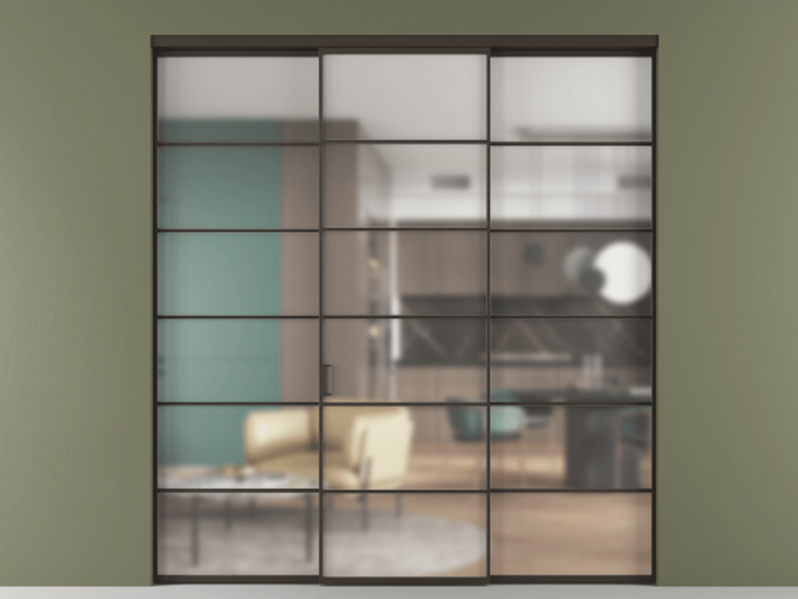 Перегородка Formato внутри проёма 3 створки АЛПР 040.04 Алюминий антрацит Сатинированное стекло "Matelux Crystal Vision", калёное, матовое, каленое 6 мм Цена 2127840 ₸ | Volhovec