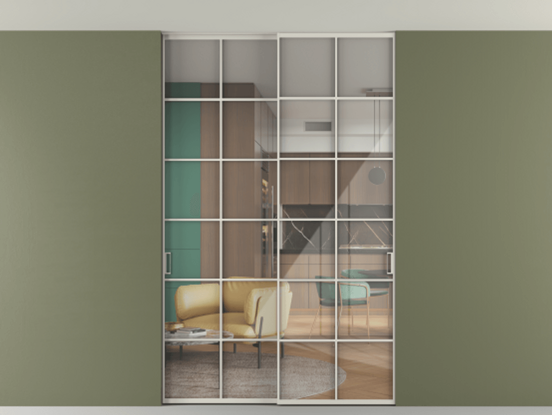 Перегородка Формато внутри проёма скрытое крепление в потолок 2 створки АЛПР 040.05 Алюминий облачно-серый Рефлективное прозрачное стекло "Стопсол", калёное Цена 2439461 ₸ | Volhovec