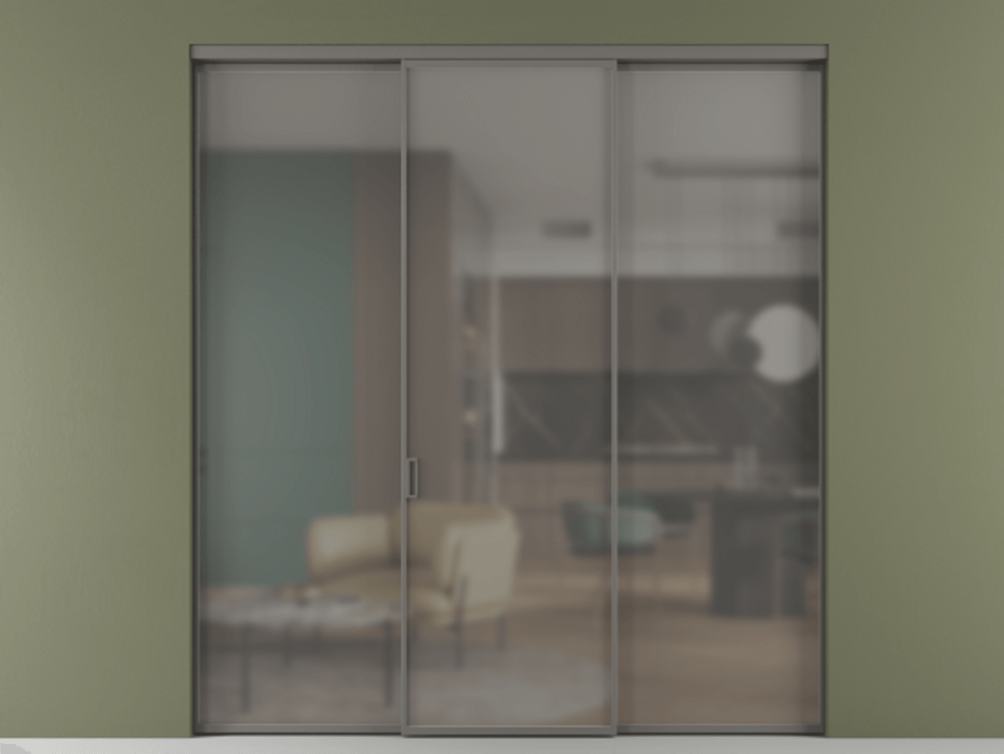 Перегородка Formato внутри проёма 3 створки АЛПР 040.01 Алюминий классический серый Сатинированное серое стекло, триплекс Цена 1470020 ₸ | Volhovec