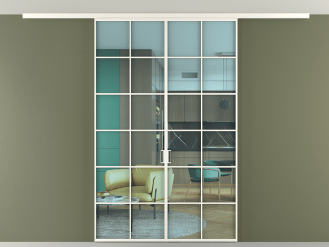 Перегородка Формато вдоль стены на потолок 2 створки АЛПР 040.05 Алюминий пудровый белый Прозрачное голубое стекло, триплекс Цена 1508107 ₸ | Volhovec