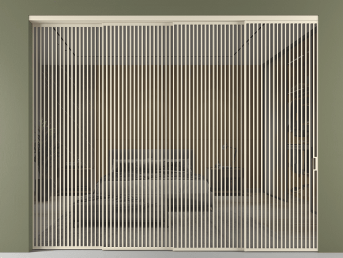 Перегородка Формато внутри проёма 4 створки с синхронным механизмом АЛПР 040.06 Алюминий бежево-серый Рефлективное серое стекло "Стопсол", калёное Цена 6070075 ₸ | Volhovec