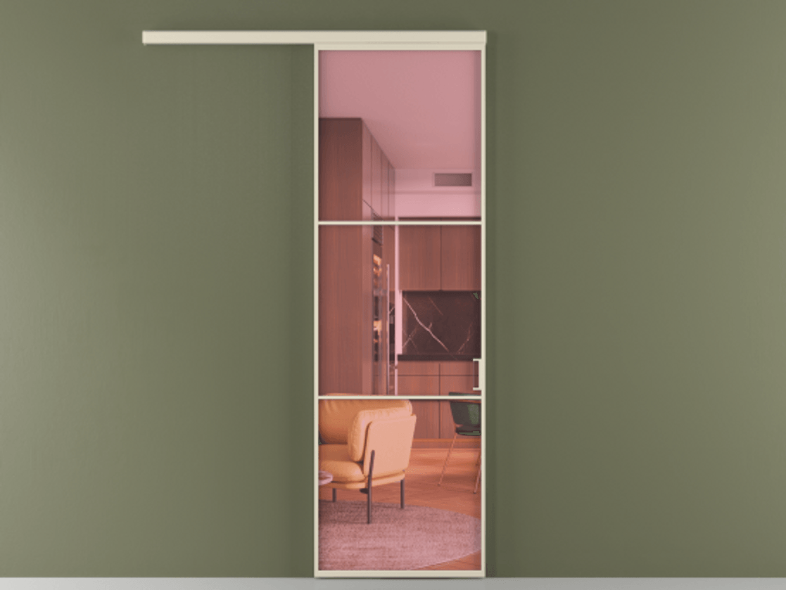 Межкомнатная дверь New Перегородка Formato вдоль стены одностворчатая АЛПР 040.03 Алюминий бежево-серый Прозрачное розовое стекло, триплекс Цена 738800  | Volhovec