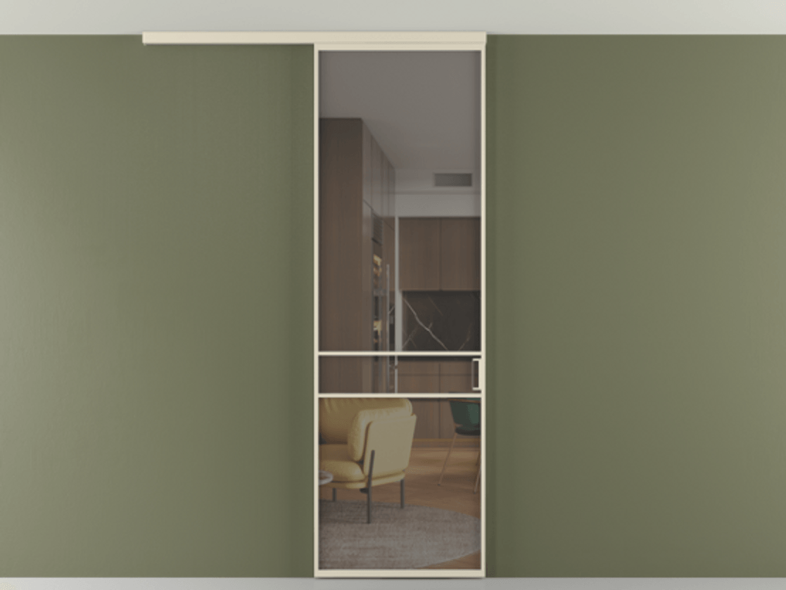 Перегородка Формато вдоль стены на потолок 1 створка АЛПР 040.02 Алюминий бежево-серый Прозрачное серое стекло, триплекс Цена 732246 ₸ | Volhovec