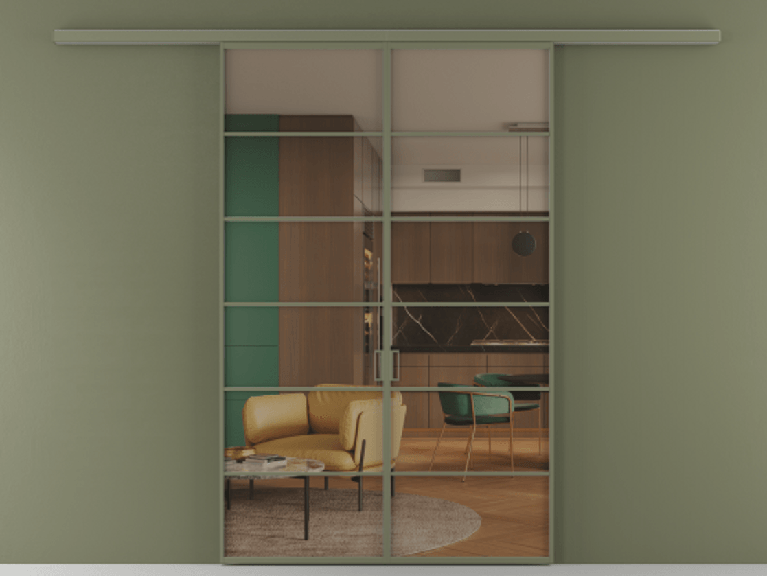 Перегородка Формато вдоль стены 2 створки АЛПР 040.04 Алюминий оливковый тёмный Прозрачное бронзовое стекло, триплекс Цена 1566054 ₸ | Volhovec