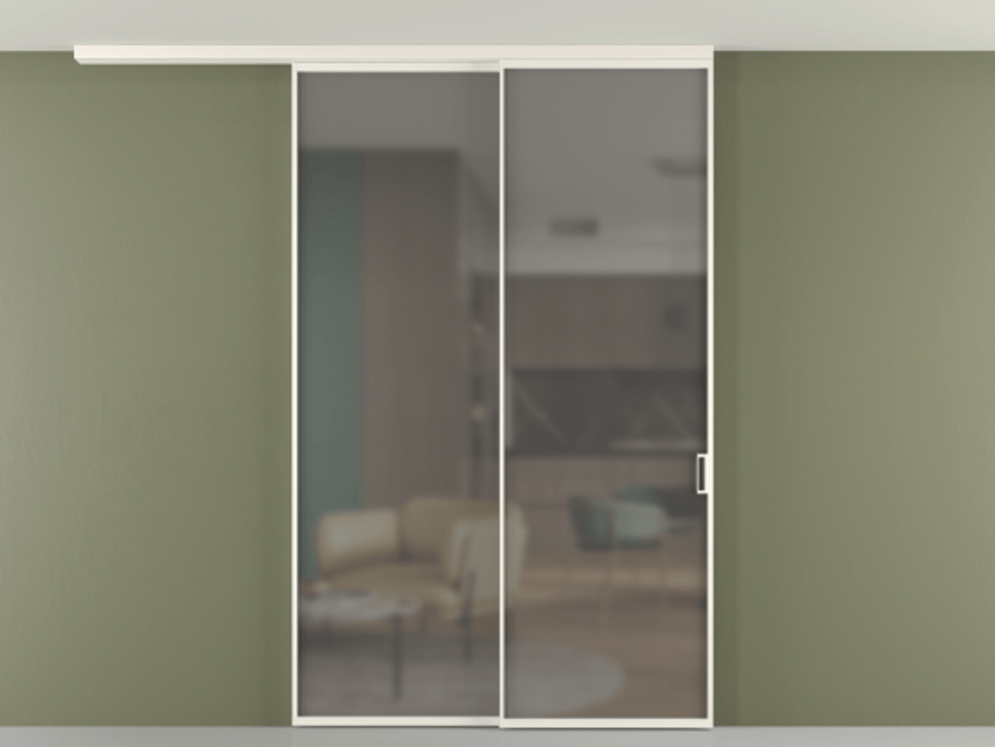 Перегородка Формато вдоль стены на потолок 2 створки с синхронным механизмом АЛПР 040.01 Алюминий пудровый белый Сатинированное серое стекло, триплекс Цена 2261498 ₸ | Volhovec