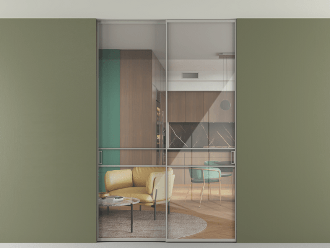 Перегородка Formato внутри проёма скрытое крепление в потолок 2 створки АЛПР 040.02 Алюминий нейтральный серый Рефлективное прозрачное стекло "Stopsol", калёное Цена 2309731 ₸ | Volhovec