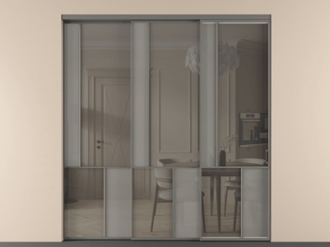 Перегородка Мозаик внутри проёма 3 створки с синхронным механизмом АЛПР 041.20  Алюминий классический серый Сатинированное серое стекло, триплекс, 6 мм + Прозрачное серое стекло, триплекс Цена 3306668 ₸ | Volhovec