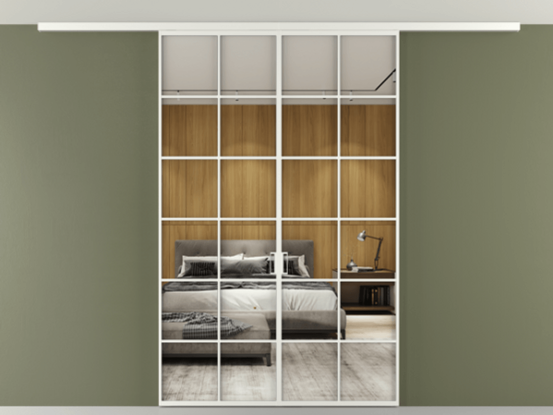 Перегородка Формато вдоль стены на потолок 2 створки АЛПР 040.05 Алюминий светло-серый Двустороннее зеркало, триплекс , триплекс 6 мм Цена 1577046 ₸ | Volhovec