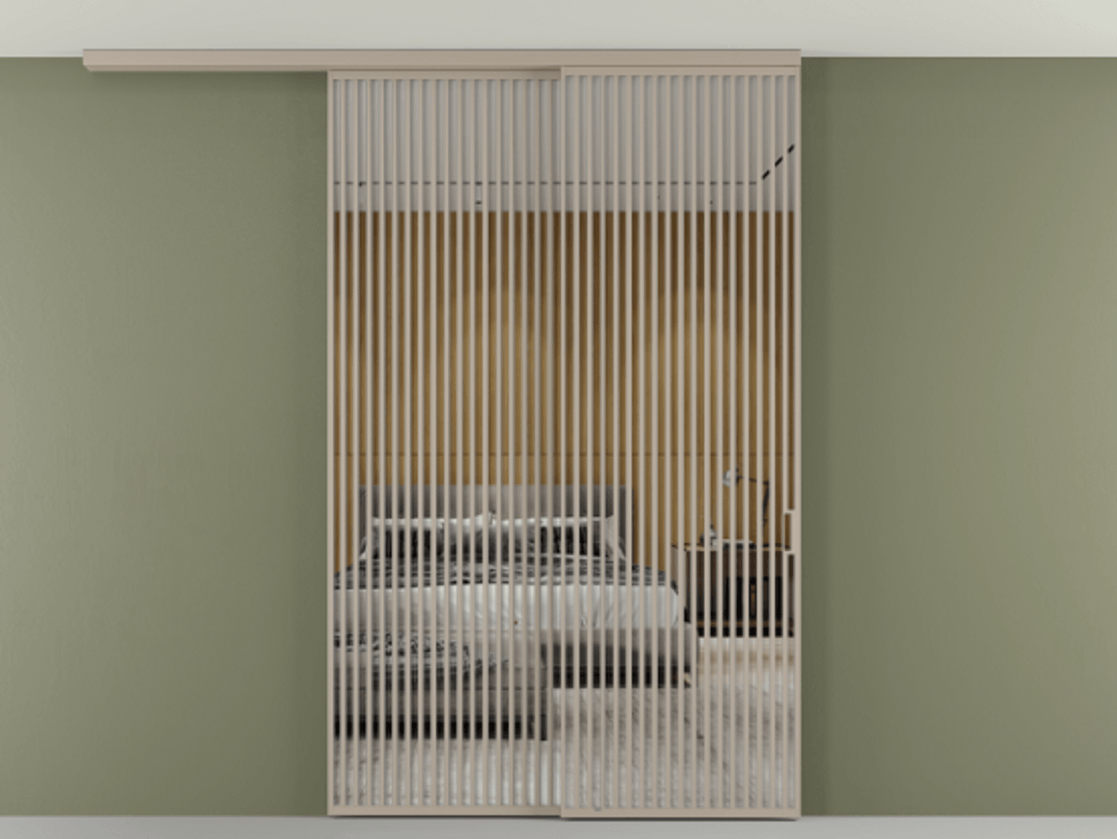 Перегородка Формато вдоль стены на потолок 2 створки с синхронным механизмом АЛПР 040.06 Алюминий бисквитный Двустороннее зеркало, триплекс , триплекс 6 мм Цена 3405447 ₸ | Volhovec