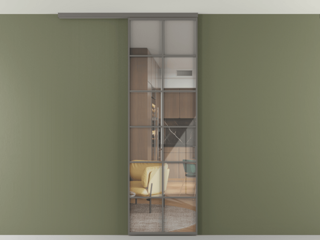 Перегородка Формато вдоль стены на потолок 1 створка АЛПР 040.05 Алюминий классический серый Рефлективное прозрачное стекло "Стопсол", калёное Цена 863745 ₸ | Volhovec