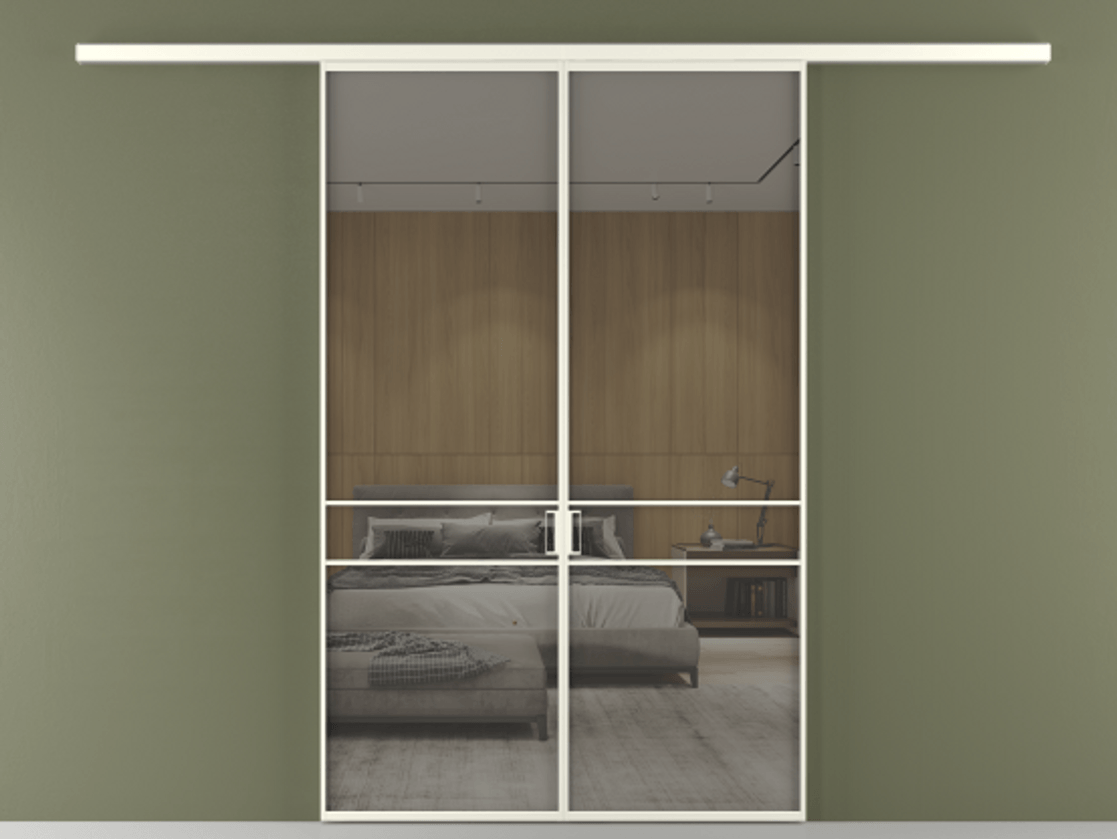 Перегородка Формато вдоль стены 2 створки АЛПР 040.02 Алюминий жемчужный Рефлективное серое стекло "Стопсол", калёное Цена 1882440 ₸ | Volhovec