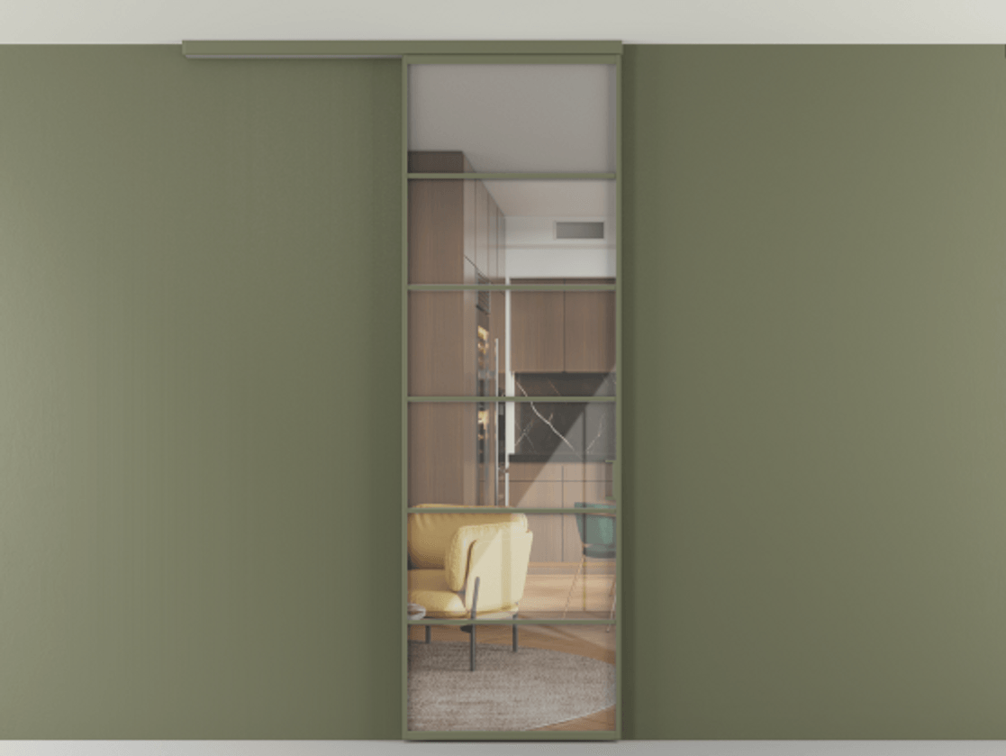 Перегородка Формато вдоль стены на потолок 1 створка АЛПР 040.04 Алюминий оливковый тёмный Рефлективное прозрачное стекло "Стопсол", калёное Цена 1013720 ₸ | Volhovec