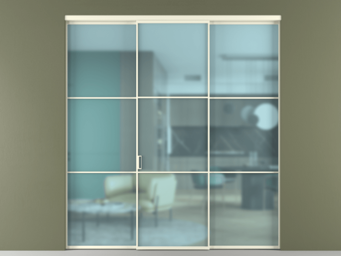 Перегородка Formato внутри проёма 3 створки АЛПР 040.03 Алюминий молочно-белый Сатинированное голубое стекло, триплекс Цена 1550900 ₸ | Volhovec