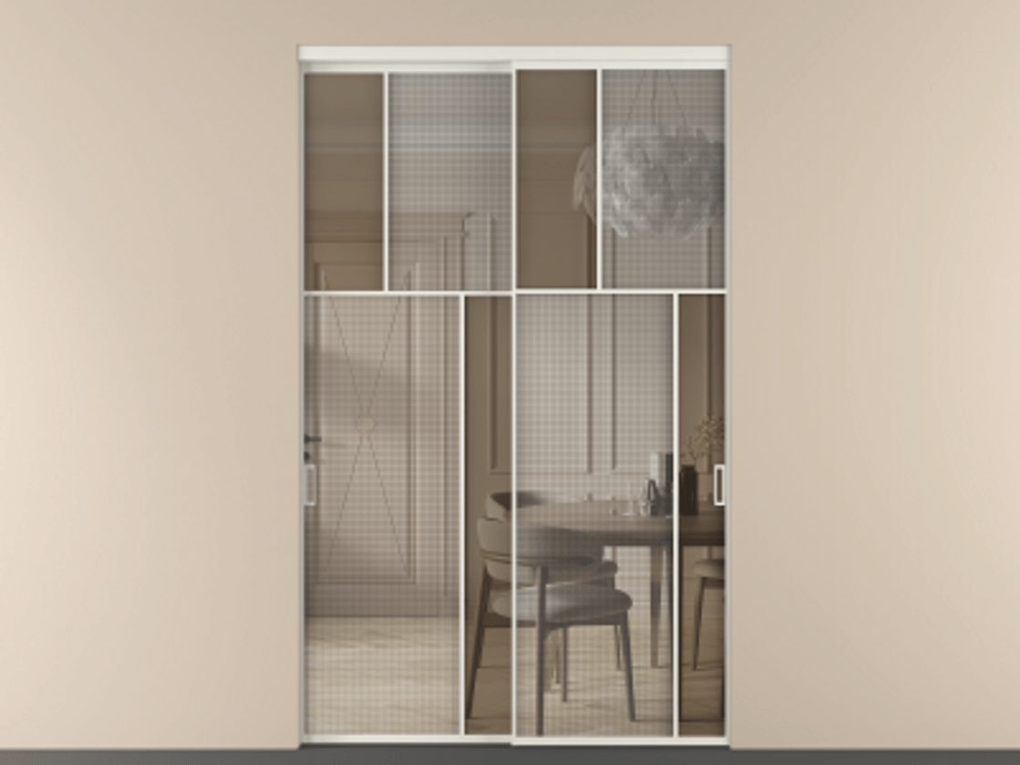 Перегородка Mosaic внутри проёма двустворчатая АЛПР 041.23 Алюминий Белый Mesh silver + Бронза прозрачное триплекс Цена 1436200 ₸ | Volhovec