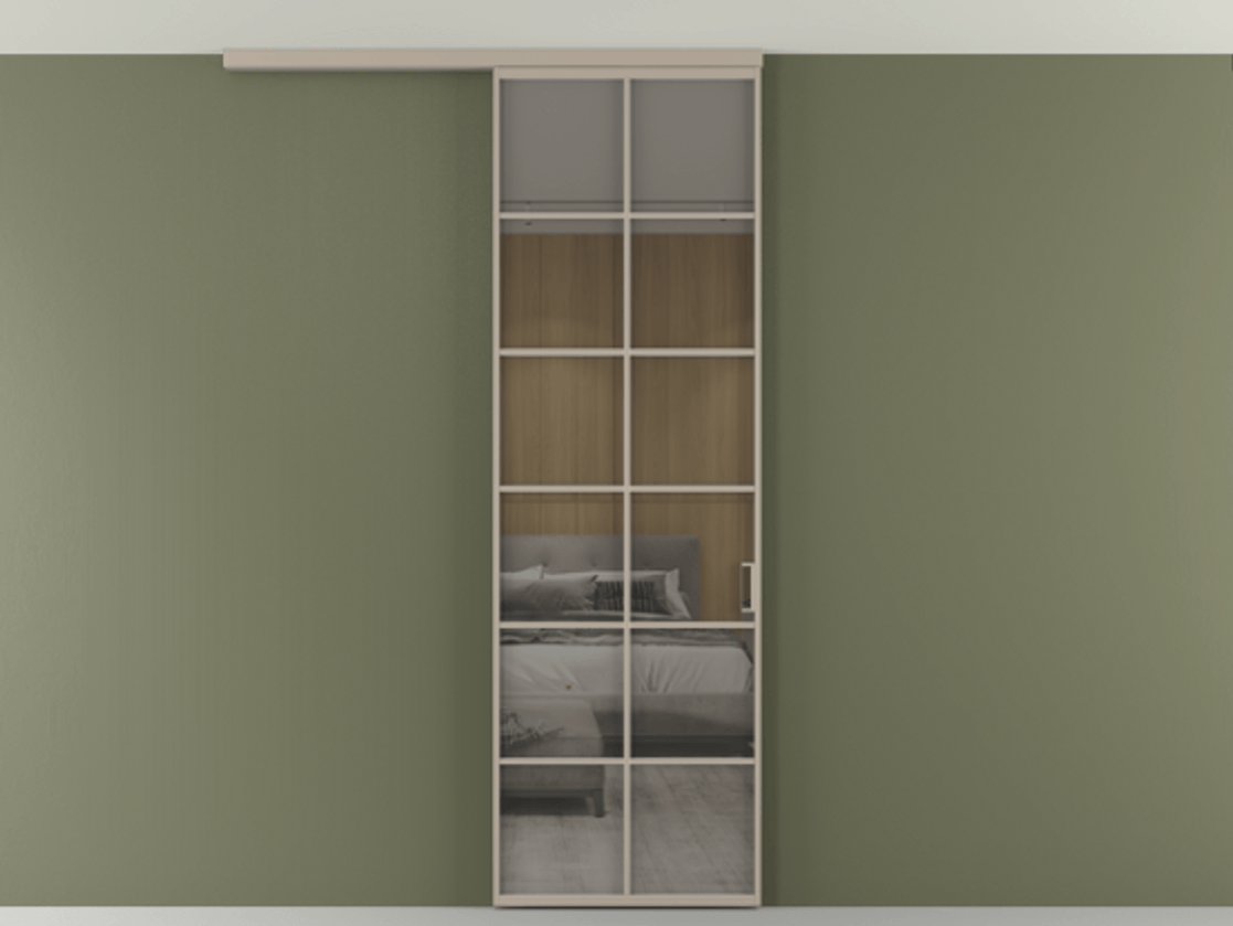 Перегородка Формато вдоль стены на потолок 1 створка АЛПР 040.05 Алюминий бисквитный Рефлективное серое стекло "Стопсол", калёное Цена 863745 ₸ | Volhovec