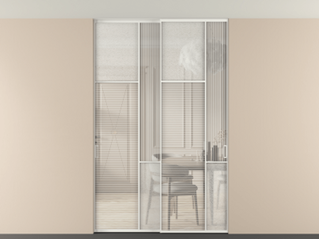 Перегородка Mosaic внутри проёма скрытое крепление в потолок 2 створки АЛПР 041.10 Алюминий светло-серый Рифлёное стекло "Дюна", триплекс, 6 мм + Фактурное стекло "Лёд", триплекс. Цена 2574785 ₸ . Фабрика дверей Волховец 8 (800) 551 43 19 Перегородка Mosaic внутри проёма скрытое крепление в потолок 2 створки АЛПР 041.10 Алюминий светло-серый Рифлёное стекло "Дюна", триплекс, 6 мм + Фактурное стекло "Лёд", триплекс Цена 2574785 ₸ | Volhovec