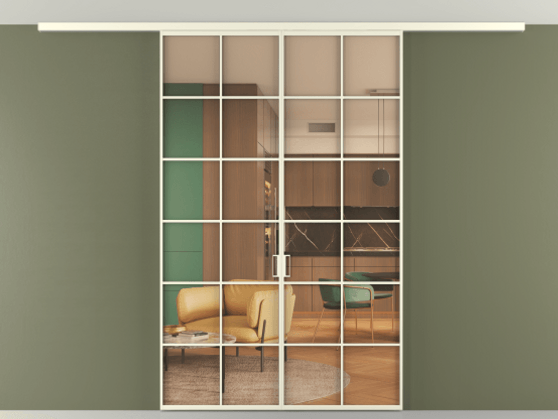 Перегородка Формато вдоль стены на потолок 2 створки АЛПР 040.05 Алюминий молочно-белый Прозрачное оранжевое стекло, триплекс Цена 1508107 ₸ | Volhovec