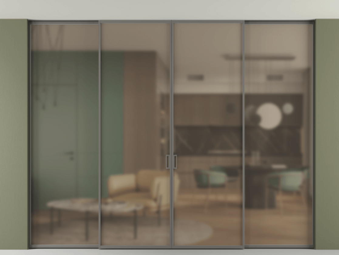Перегородка Формато внутри проёма скрытое крепление в потолок 4 створки АЛПР 040.01 Алюминий классический серый Сатинированное бронзовое стекло, триплекс Цена 3445848 ₸ | Volhovec