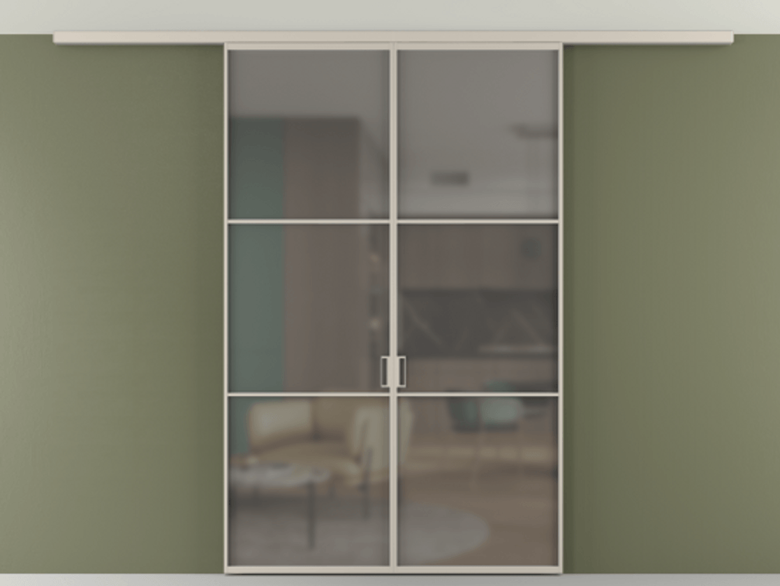 Перегородка Формато вдоль стены на потолок 2 створки АЛПР 040.03 Алюминий светло-бежевый Сатинированное серое стекло, триплекс Цена 1473263 ₸ | Volhovec