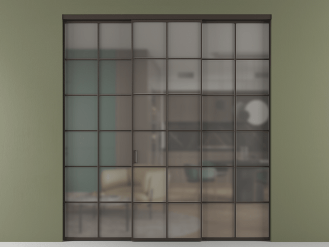 Перегородка Formato внутри проёма 3 створки АЛПР 040.05 Алюминий антрацит Сатинированное серое стекло, триплекс Цена 1667700 ₸ | Volhovec