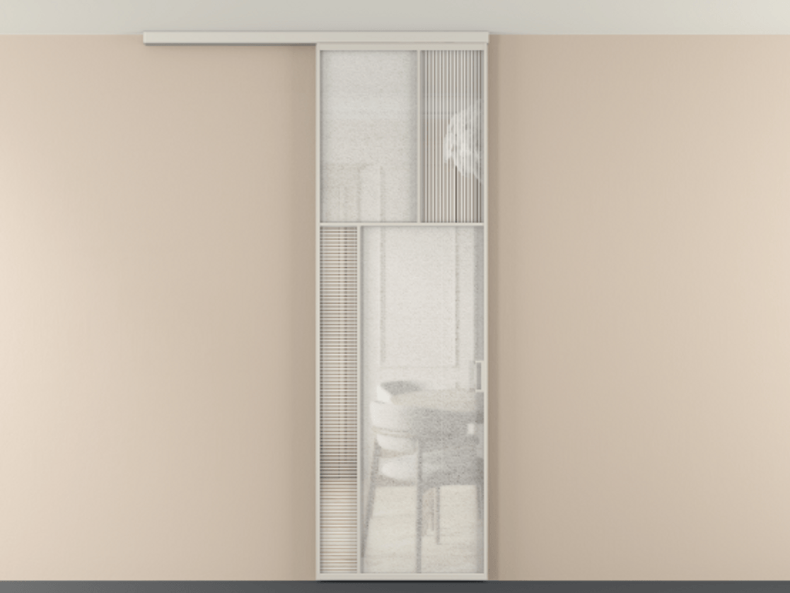 Перегородка Мозаик вдоль стены на потолок 1 створка АЛПР 041.22 Алюминий облачно-серый Рифлёное стекло "Дюна", триплекс, 6 мм + Фактурное стекло "Лёд", триплекс Цена 1081382 ₸ | Volhovec